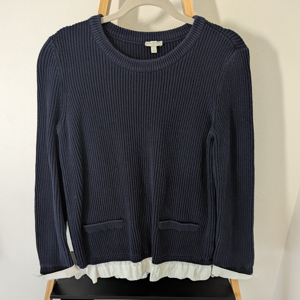 Talbots Navy Cotton Sweater with faux Blouse Hem